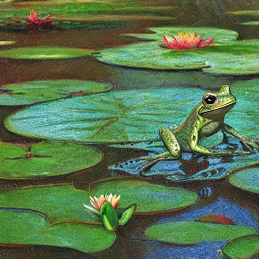 Image similar to close - up of a flirty frog in the pond with water lilies, shallow depth of field, highly detailed, autumn, rain, bad weather, ominous, digital art, masterpiece, matte painting, sharp focus, matte painting, by isaac levitan, by monet, asher brown durand,