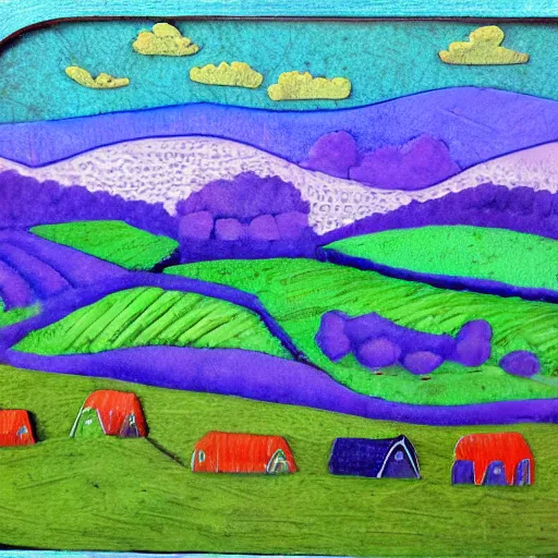 Prompt: rolling hills and a farm, appalachian folk art, mixed media, 3 d, detailed, award winning, blue, purple, red, orange, green