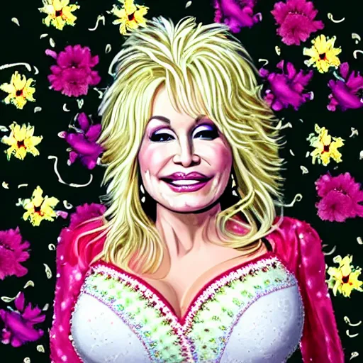 Image similar to Dolly Parton surrounded by flowers in the style of Wes Wilson