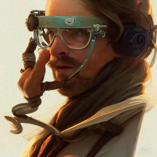 Image similar to an inventor, goggles on forehead, thin beard, d & d, fantasy, intricate, cinematic lighting, highly detailed, digital painting, artstation, concept art, smooth, sharp focus, illustration, art by artgerm and greg rutkowski and alphonse mucha