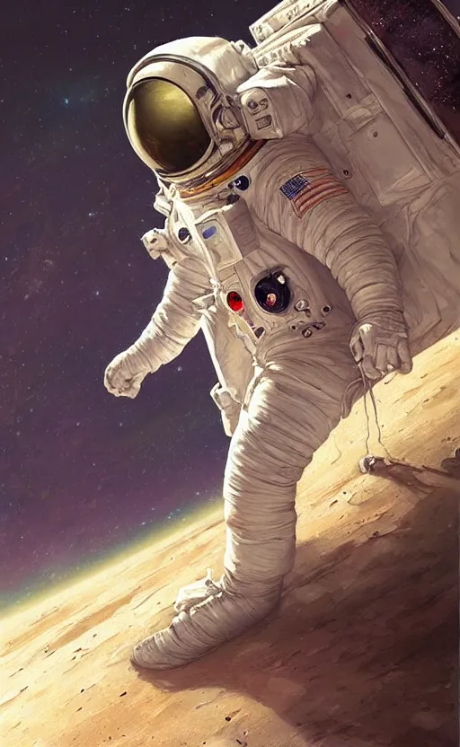 Image similar to a beautiful artwork portrait of an astronaut on the moon, by greg rutkowski and jesper ejsing and raymond swanland, featured on artstation, wide angle, vertical orientation