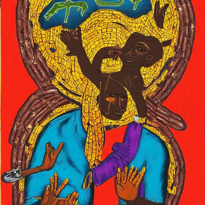 Image similar to UFO hovering over an African Jesus , colourful, in the style of Nigerian truck art (Eagle & Snake, Kano),