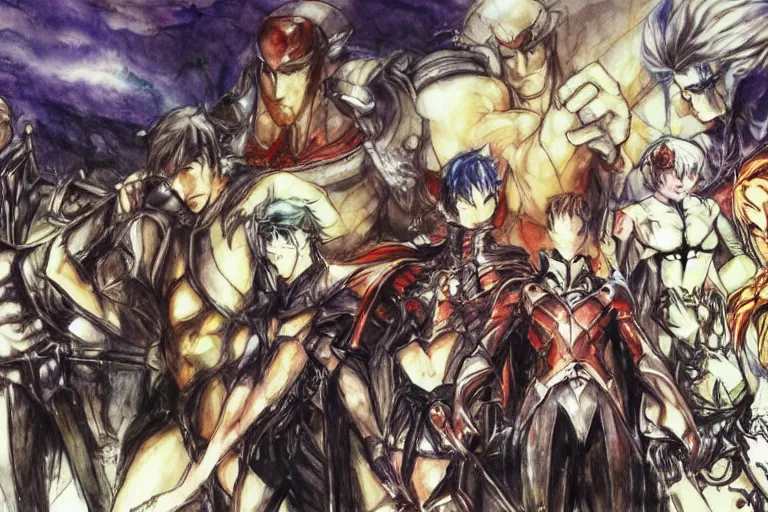 Prompt: A group of fantasy heroes with fantasy scenery on the background by Yoshitaka Amano and Shigenori Soejima, Atlus, concept art, crayons and watercolor sketch