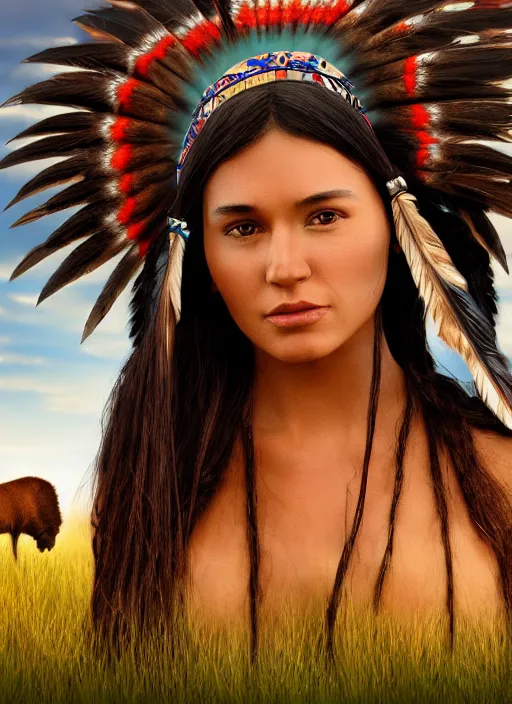 Image similar to hyper detailed realistic photo of an American Indian warrior princess wearing a headdress, in a field with a bison at sunset, long black hair, hd, 8k, muted colors,award winning photography