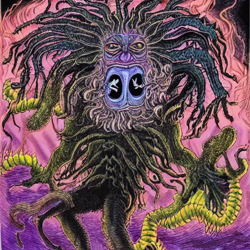 Image similar to a mad psy monster with dreadlocks wo sharp heads that look sternly at each other, it has several eyes and scales on the misshapen body, psychedelic cosmic horror,