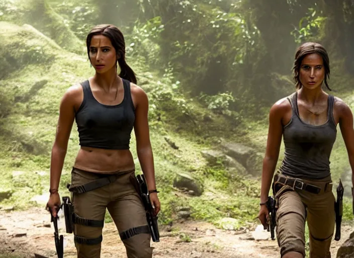 Image similar to film still of!!!! naomi scott!!! as lara croft in new tomb raider movie, 8 k