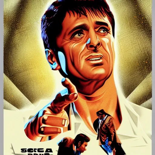 Image similar to scenes from the movie scarface as vintage poster art, fierce, intricate, elegant, volumetric lighting, sharp focus on scenery, digital painting, highly detailed, artstation, sharp focus, illustration byj scott campbell