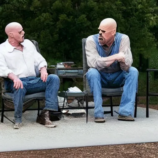 Image similar to walter white and thanos sitting on a porch talking about life, smoking, detailed,