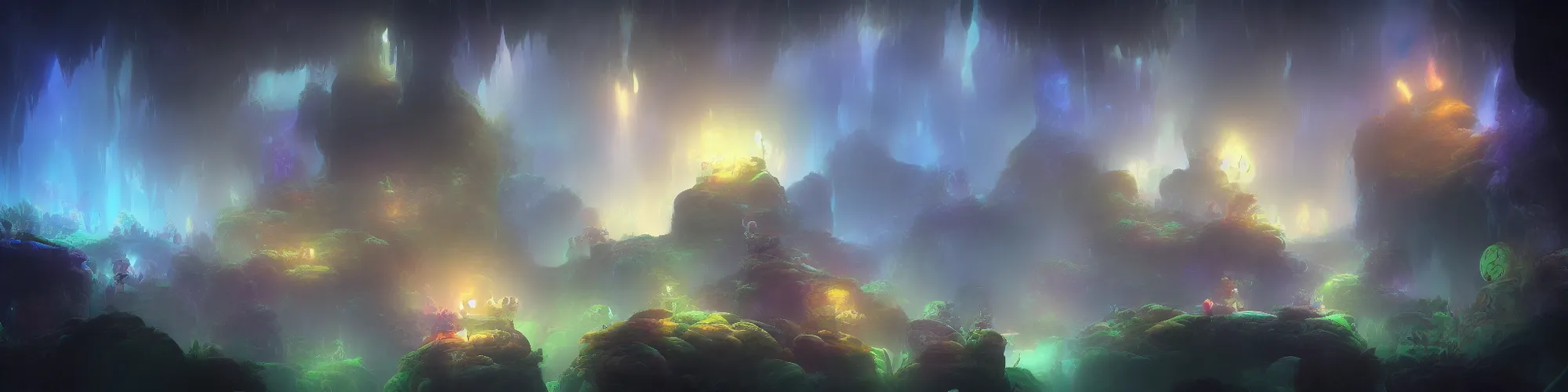 Prompt: huge colorful stone cave with cinematic atmospheric lighting in the style of ori and the blind forest, highly detailed, digital art 4k, 8k