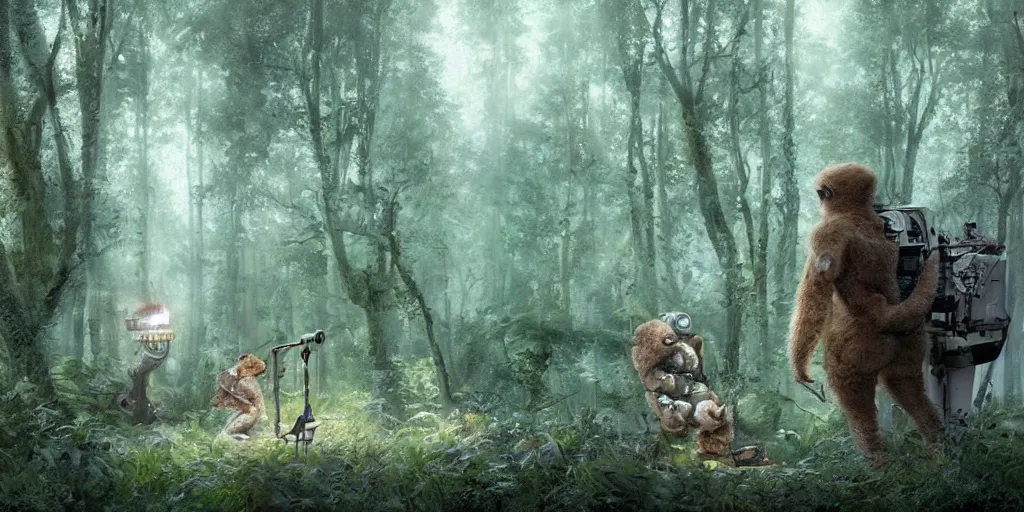 Image similar to an astronaut and a strange furry creature in a forest, a detailed matte painting by frieke janssens, featured on cgsociety, fantasy art, matte painting, reimagined by industrial light and magic, matte drawing