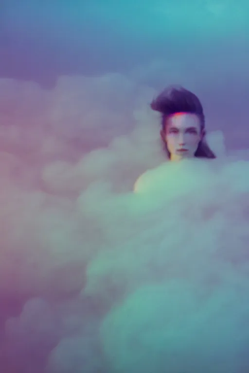 Image similar to high quality pastel coloured film close up wide angle photograph of a model wearing clothing resting on cloud furniture in a icelandic black rock!! environment in a partially haze filled dreamstate world. three point light, rainbow. photographic production. art directed. pastel colours. volumetric clouds. pastel gradient overlay. waves glitch artefacts. extreme facial clarity. 8 k. filmic.