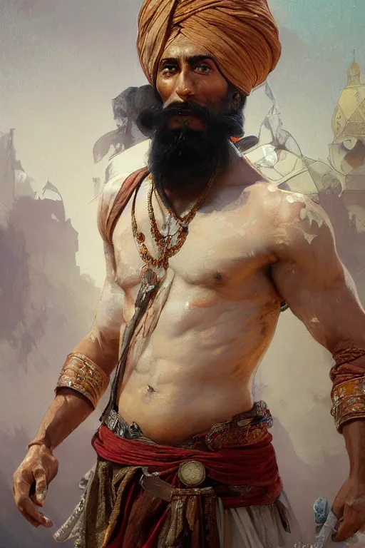 Prompt: painted back portrait of rugged banda singh bahadur by greg rutkowski, craig mullins art germ alphonse mucha, messy gold body paint over the back and his arms, white hair handsome muscular upper body mature warm tone bulging bubble flowing robe [ ancient greek motifs ] background fantasy intricate elegant detailed digital painting concept art artstation sharp focus illustration