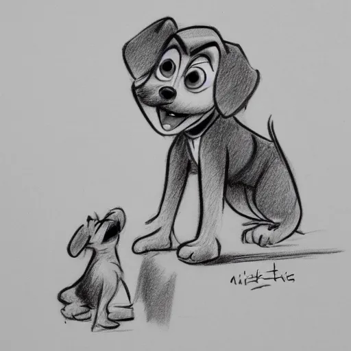 Image similar to milt kahl pencil sketch of happy mini schnauzer cartoon lady and the tramp style