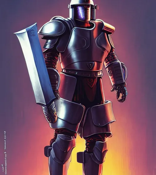 Prompt: a large cyberpunk paladin in rounded heavy plate armor with large shoulder pads and a spartan helmet and a very large shield he is holding a large axe in a cyberpunk setting, 1 9 3 9 omni magazine cover, style by vincent di fate, artgerm, cyberpunk 2 0 7 7, very coherent, detailed, 8 k resolution, unreal engine, daz