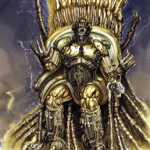 Image similar to illustration. the god emperor on his golden throne. 4 0 k. body horror. in the style of giger.