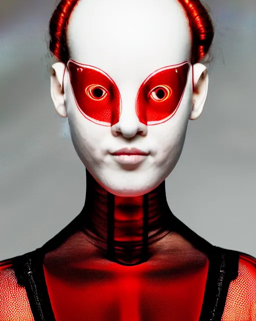 Image similar to symmetrical portrait of a woman wearing a red embroidered translucent silicone mask and white frizzy hair buns, wearing a black bodysuit by alexander mcqueen, cream white background, soft diffused light, biotechnology, humanoide robot, futuristic aesthetic, translucent, ethereal, intricate details, highly detailed, masterpiece,