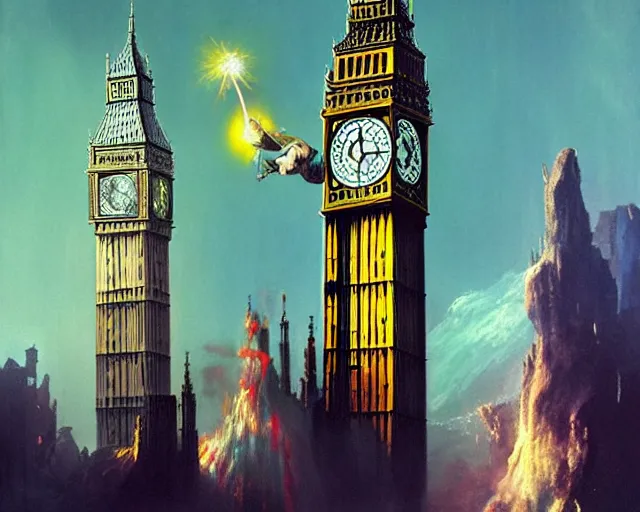 Image similar to big ben destroyed by a powerful juice explosion, painting by frank frazetta, 3 d rendering by beeple, wlop