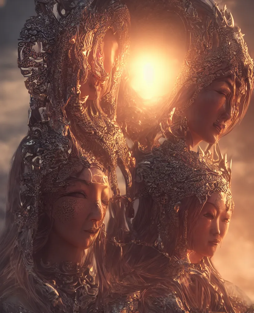 Prompt: ancient mongolian evil goddess portrait. burning magical halo. cinematic light. rendered in octane render. trending on artstation and cgsociety. depth of field. intricate ornaments