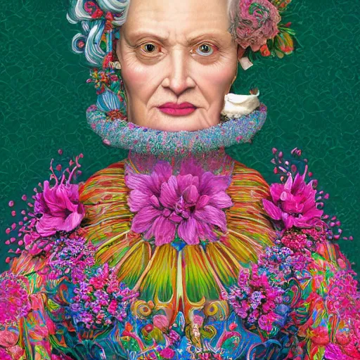 Prompt: a portrait of a stunningly beautiful middle - aged woman in highly detailed gucci dress ( no gucci logo ) bright colors ultra realistic digital painting, holographic undertones, highly saturated colors, rococo, japonisme, artstation, concept art, pop, smooth, sharp focus, illustration, art by mark ryden klimt, lisa frank