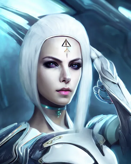 Image similar to perfect white haired attractive egyptian goddess, warframe armor, beautiful, symmetric, dreamy, half asian, pretty face, green eyes, charlize theron, detailed, scifi platform, laboratory, experiment, 4 k, ultra realistic, epic lighting, android body, illuminated, cinematic, masterpiece, art by akihito tsukushi, voidstar