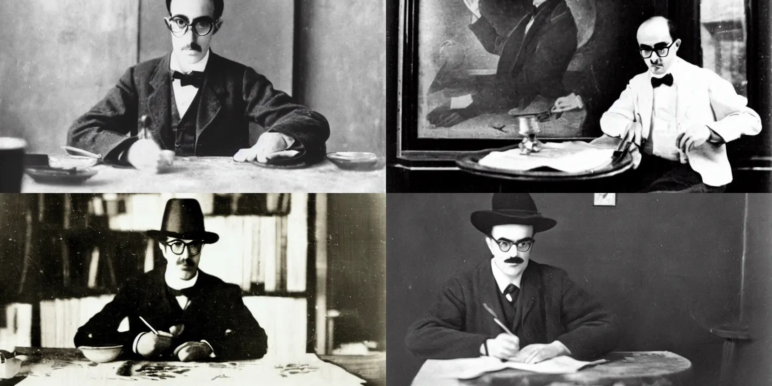 Prompt: old black and white portrait photo of Fernando Pessoa at a table inside a cafe composing an astrological chart