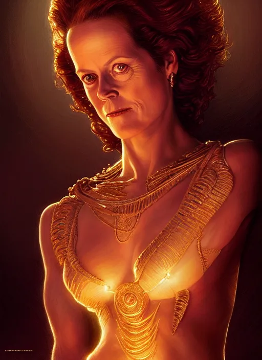 Image similar to portrait of young sigourney weaver as dejah thoris, intricate, elegant, glowing lights, highly detailed, digital painting, artstation, glamor pose, concept art, smooth, sharp focus, illustration, art by artgerm and greg rutkowski, artey freytag