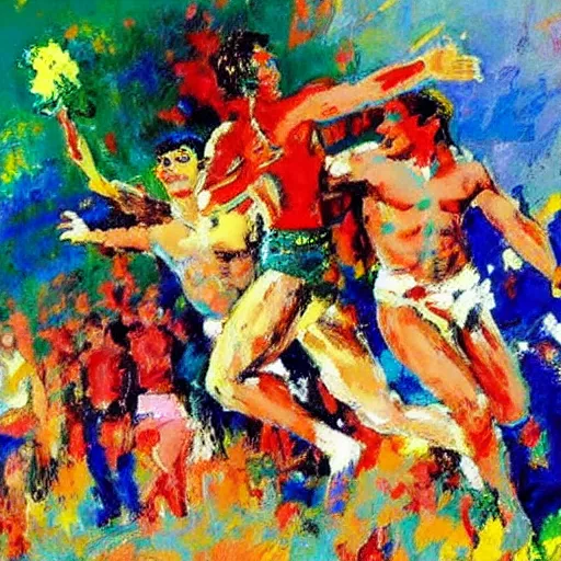 Prompt: a leroy neiman painting when he was deeply schizophrenic and had hand tremors