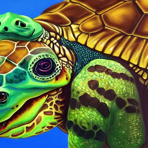 Image similar to hybrid animal cross between cute turtle and alligator colorful luminescent detailed oil painting 4 k