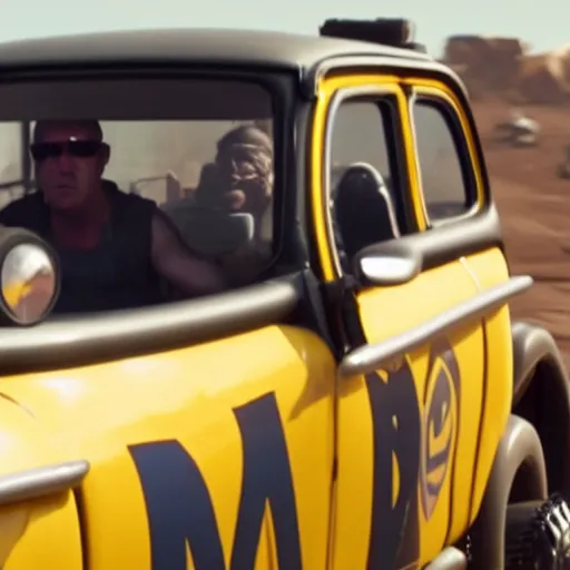 Image similar to a still of minions driving cars in mad max movie, highly detailed cinematography, cinematic, marvel cinematic