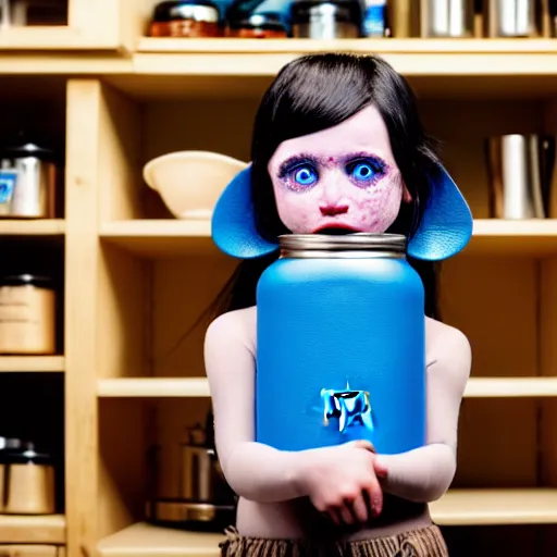 Prompt: a little blue-skinned girl with messy black hair sharp pointed ears freckles along the ridges of her cheeks in a pantry drinking from a leather flask, blue skinned dnd triton, high resolution film still, 4k, HDR colors