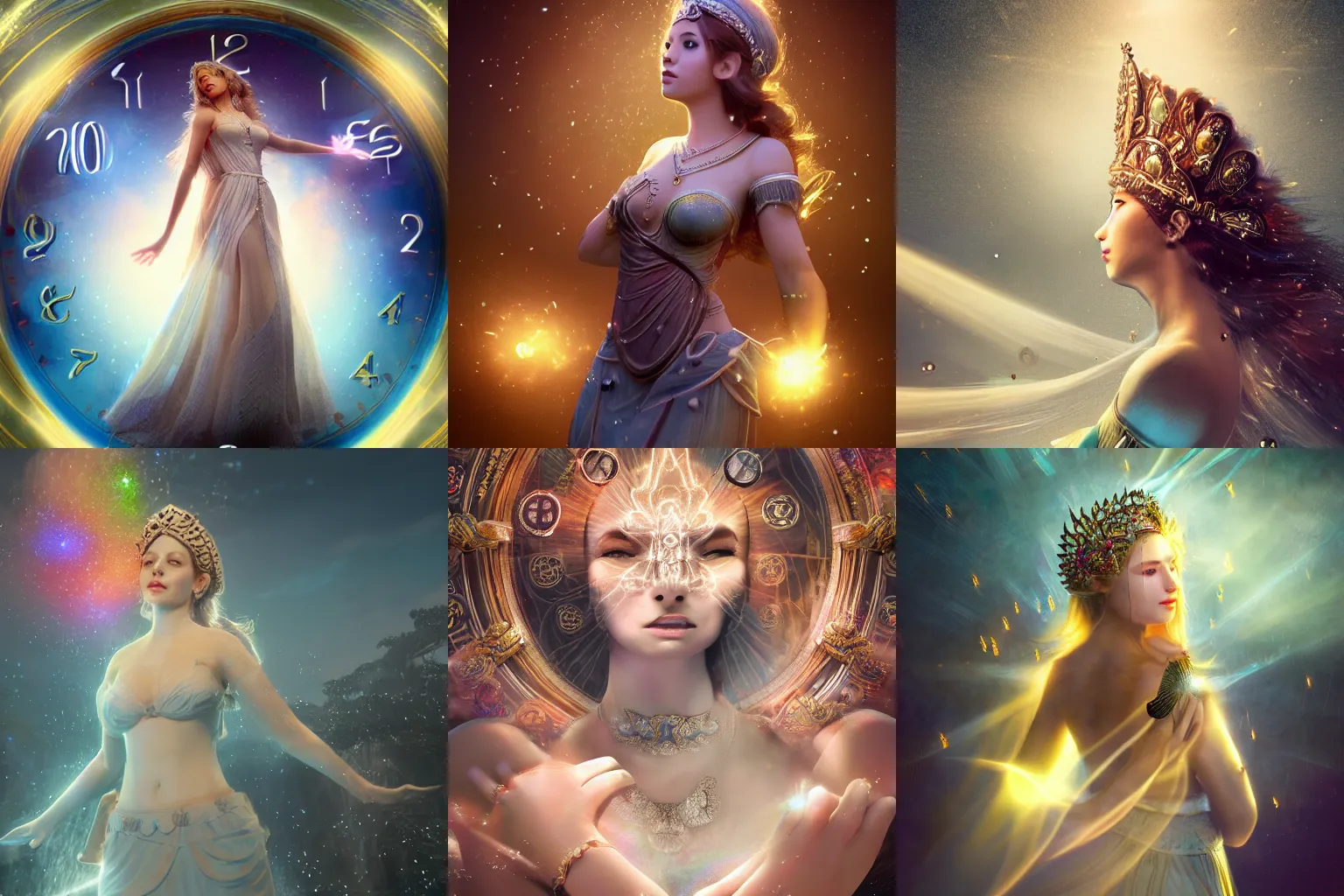 Prompt: a beautiful female goddess of the clocks character, character is in all its glory, character is in her natural relaxed pose, rim lights, particles and dust in the air, fancy clouds, highly detailed professional photo, dynamic lights, particles are flying, depth of field, trending on artstation, professional illustration, hyper realistic, vray caustics, super detailed, colorful accents, cinematic shot