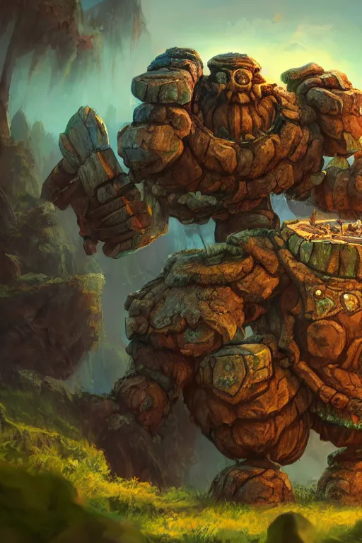 Image similar to zelda fantasy art giant golem troll wood rock greeble gemstone, global illumination ray tracing hdr fanart arstation by sung choi and eric pfeiffer and gabriel garza and casper konefal