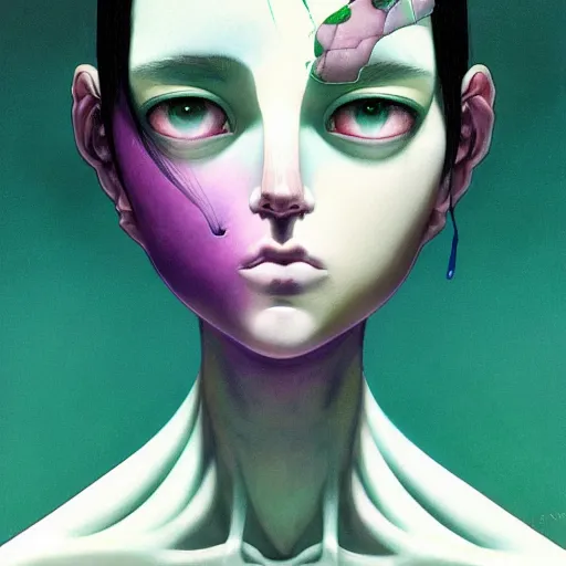 Image similar to prompt : pale violet and dark green portrait soft light painted by james jean and katsuhiro otomo and erik jones, inspired by evangeleon anime, smooth face feature, intricate oil painting, high detail illustration, sharp high detail, manga and anime 1 9 9 9