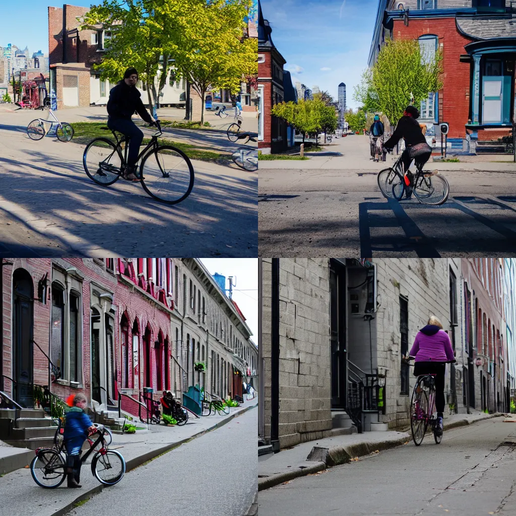 Prompt: person biking though montreal neighborhood