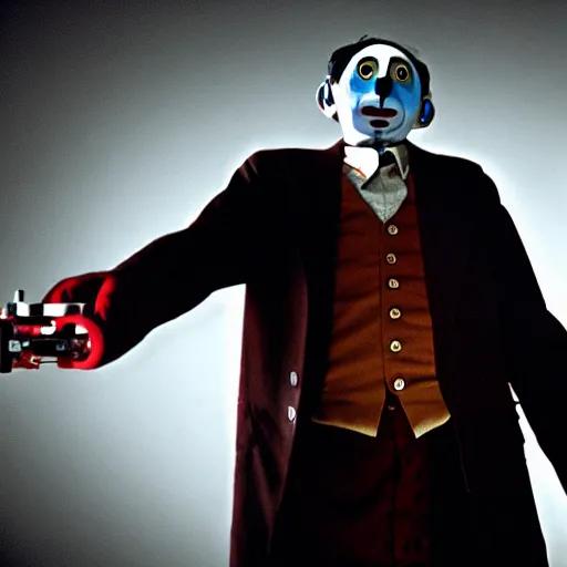 Image similar to mr. bean as jigsaw killer from the saw movies. movie still. cinematic lighting.