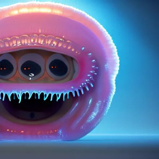 Prompt: a beautiful extreme wide uncropped full body photograph of an entire super cute jellyfish monster with huge sad eyes and sharp fangs in a wide open mouth, highly detailed, smooth, very very clean, 8 k, cinematic movie photograph, cinematic lighting, octane render, zbrush central contest winner, 3 d maya render