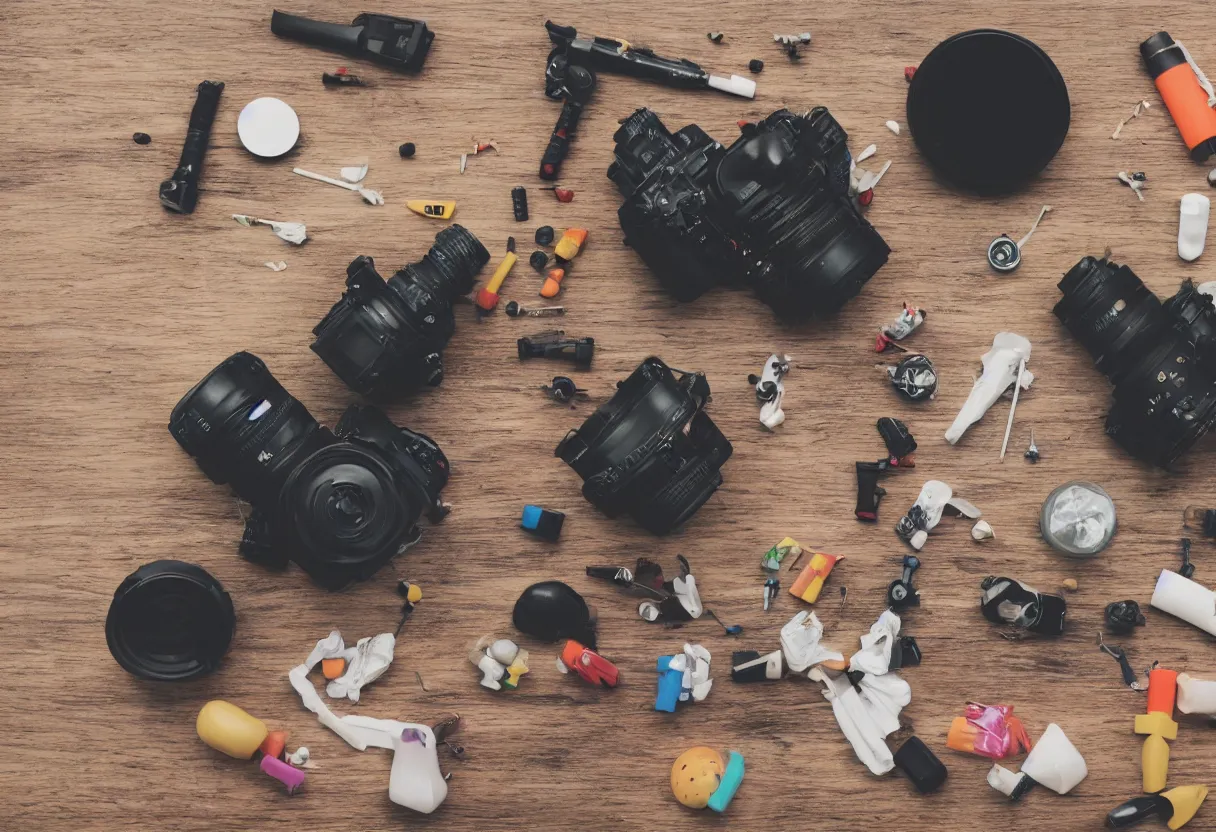 Image similar to wide dslr photo still of an occult toy on a table cluttered with drug paraphernalia