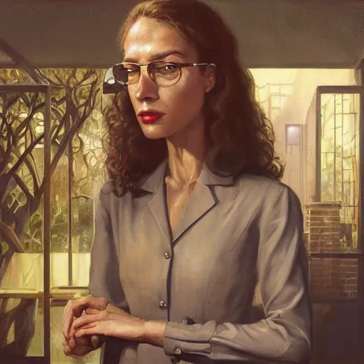 Image similar to detailed face of an intelligent clothed woman with kind eyes in a architectonic courtyard with transparent displays at a science expo, atmospheric, ambient, pj crook, syd mead, livia prima, artgerm, greg rutkowski, nick alm, casey baugh