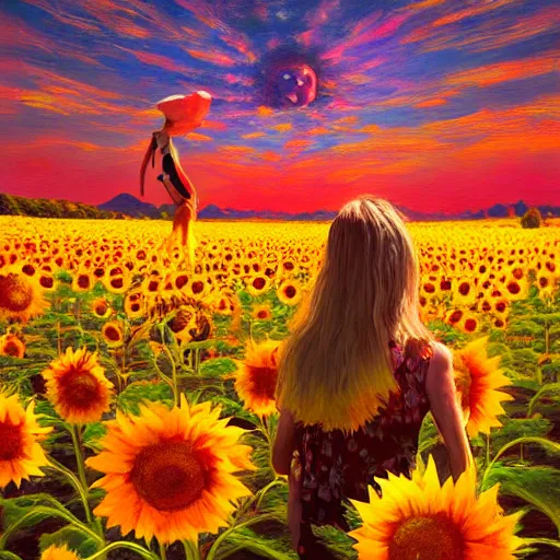 Image similar to girl with a sunflower face, surreal photography, bizzare, dreamlike, otherworldly, standing in flower field, in a valley, sunrise dramatic light, impressionistic painting, colorful clouds, artstation, simon stalenhag