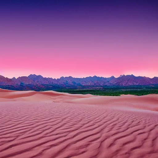 Image similar to endless desert dunes in front of a pink sky, surreal,