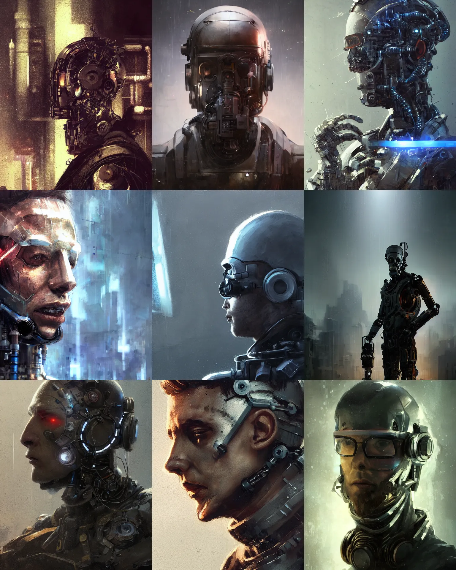 Image similar to a half - masked rugged young laboratory engineer man with cybernetic enhancements as seen from a distance, scifi character portrait by greg rutkowski, esuthio, craig mullins, 1 / 4 headshot, cinematic lighting, dystopian scifi gear, gloomy, profile picture, mechanical, half robot, implants, steampunk