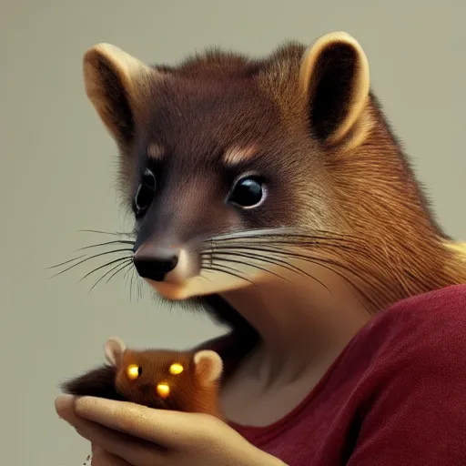 Prompt: realistic anime woman holding a pine marten, high quality, beautiful face, octane render