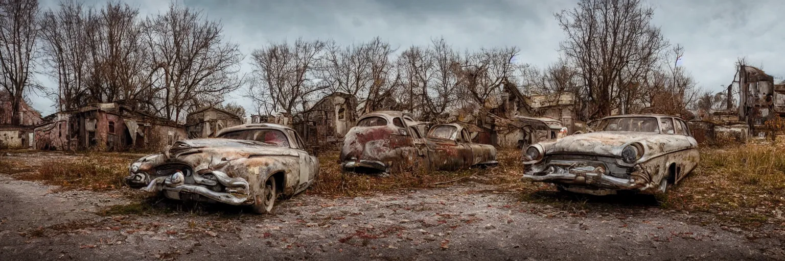 Image similar to low wide angle shot of dilapidated fallout 5 europa, retro futuristic overgrown euro rural town, decrepit road, dilapidated european houses, few rusted retro futuristic vintage parked vehicles like cars, volumetric lighting, photorealistic, daytime, autumn, cold sunny weather, sharp focus, ultra detailed, 4 2 0 0 k