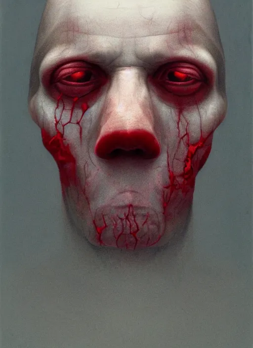 Prompt: lord loss book portrait, pale red, lumpy skin, he has very dark - round red sad eyes with even darker red pupils. tiny cracks in skin seep, symmetric lights and fog, in the style of zdzislaw beksinski, glowing light and shadow, hyperrealist, 8 k