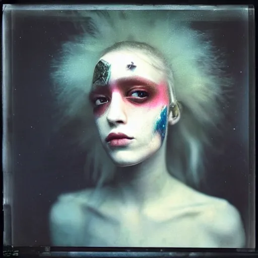 Prompt: kodak portra 4 0 0, wetplate, photo of a surreal artsy dream scene,, girl, ultra - realistic face, frontal portrait, expressive dark eyes, weird fashion, grotesque, extravagant dress, carneval, animal, wtf, photographed by paolo roversi style