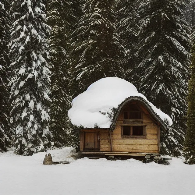 Image similar to a small hut with a pointed wooden roof, a round window, behind 3 large fir trees, in the background the swiss alps, artem demura