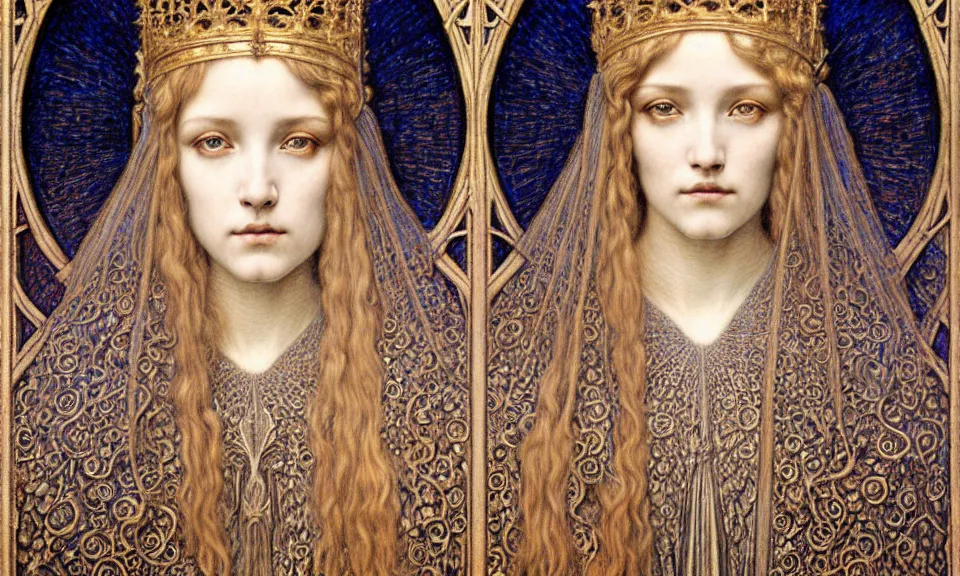 Image similar to detailed realistic beautiful young medieval queen face portrait by jean delville, gustave dore and marco mazzoni, art nouveau, symbolist, visionary, gothic, pre - raphaelite. horizontal symmetry