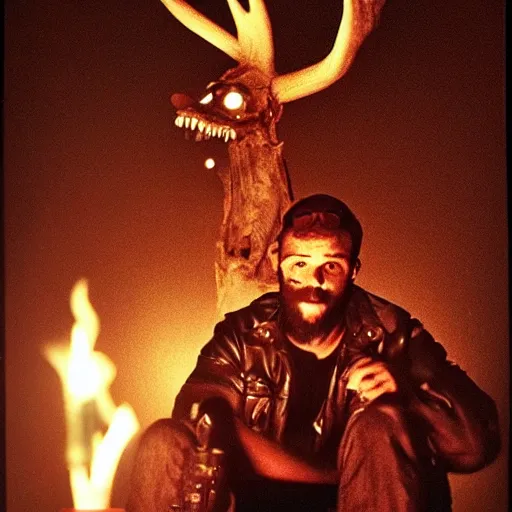 Image similar to candid night time photograph of a wendigo sitting down and smoking Marlboro Red cigarettes, wearing full leather gear