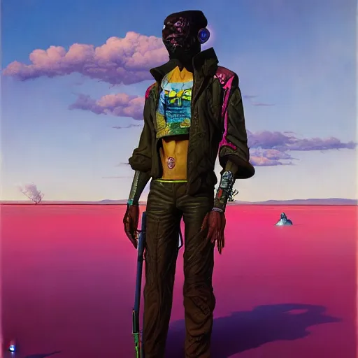 Image similar to a zulu cyberpunk hunter near a pink lake by thomas blackshear and android jones in a surreal portrait style, oil on canvas, 8k resolution.