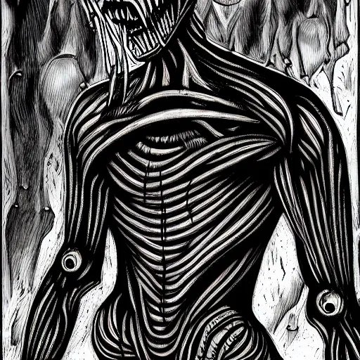 Image similar to a dark humanoid, hyper detailed, in the style of h. r. giger and junji ito and h. r. giger and junji ito, selfie